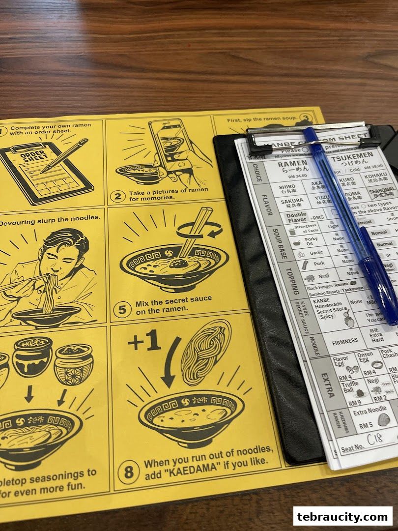 A ramen order sheet and menu with instructions and customization options.