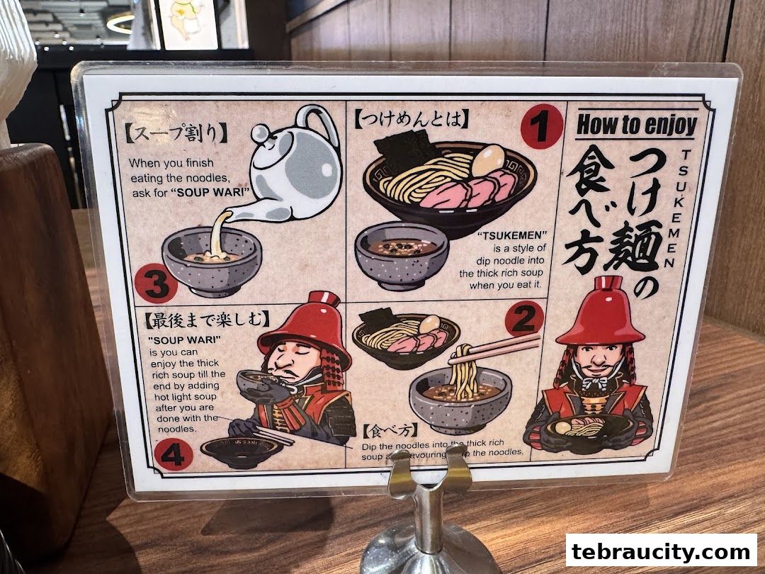 A guide on how to enjoy Tsukemen ramen, with illustrations and instructions.