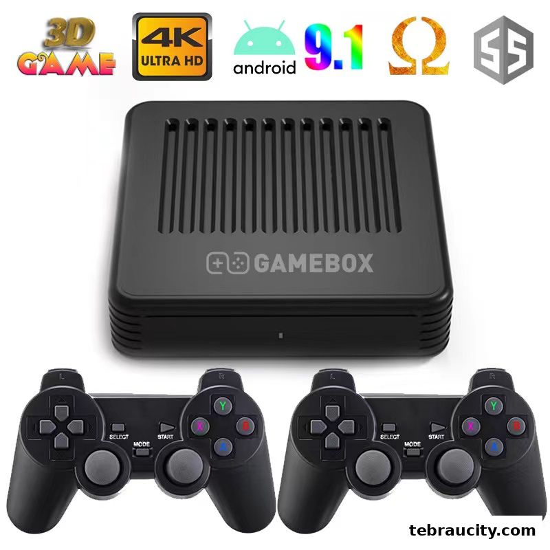A Gamebox console with two controllers, featuring 4K Ultra HD and Android 9.1.