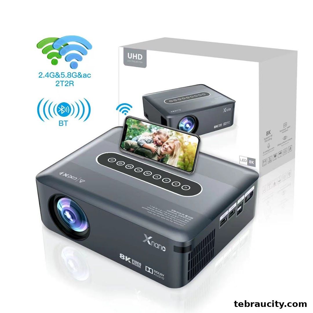A modern projector displaying a family photo on a smartphone, with connectivity icons.