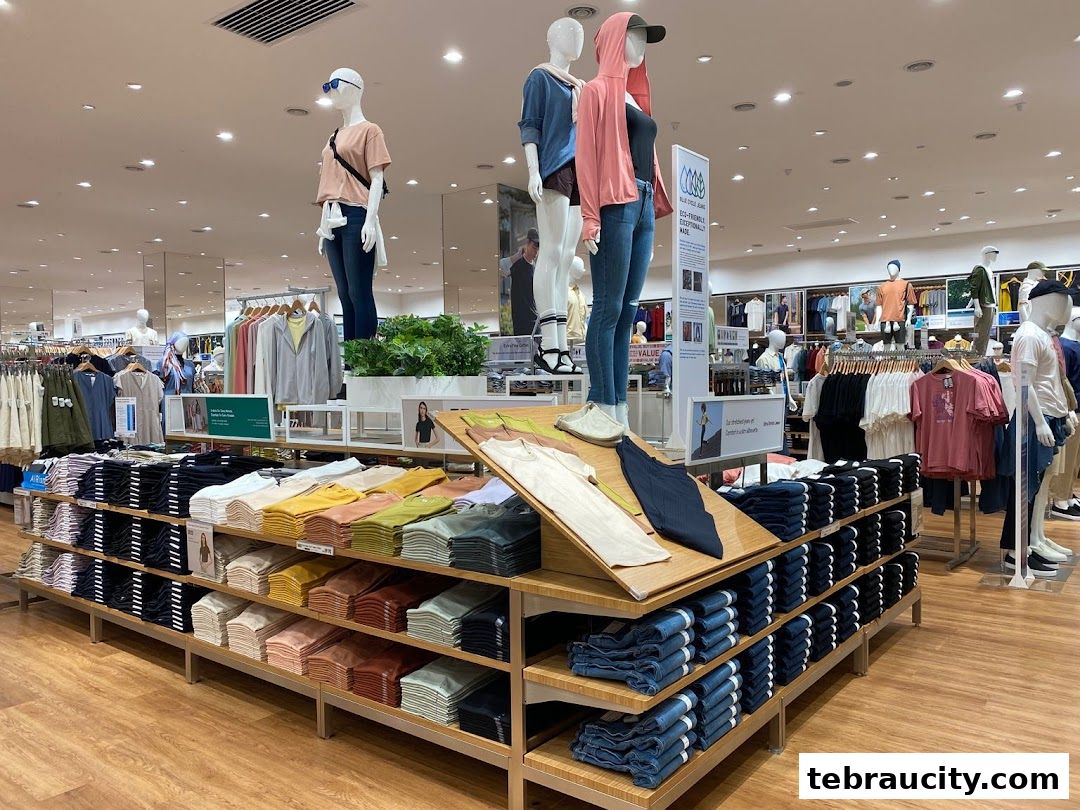 Interior view of a UNIQLO store showcasing folded t-shirts, jeans, and mannequins dressed in casual wear.
