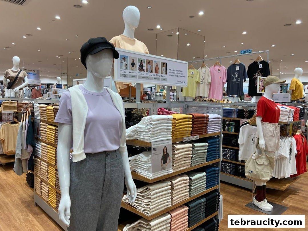Mannequins display casual t-shirts and folded apparel in a brightly lit retail store.