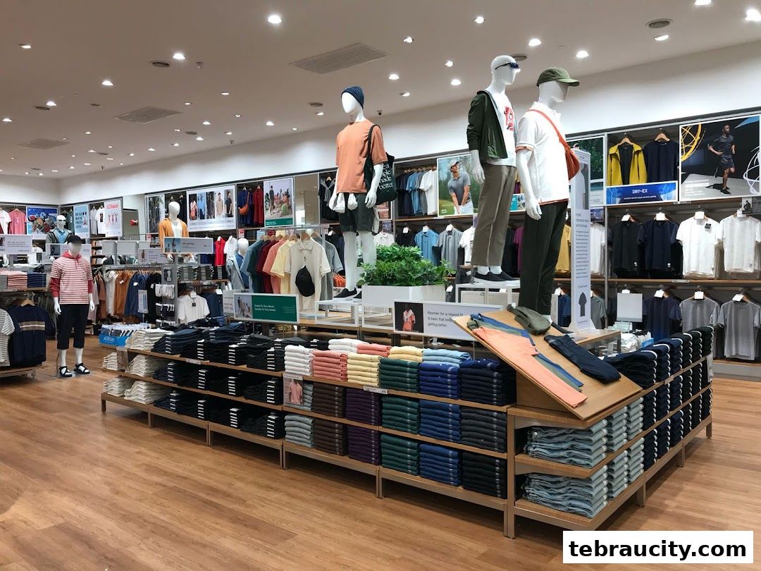 Interior view of a UNIQLO store showcasing folded t-shirts and mannequins wearing casual outfits.
