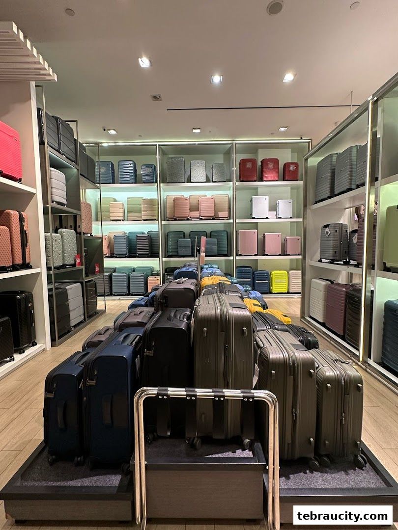A wide selection of suitcases displayed in a retail store, organized by color and size.