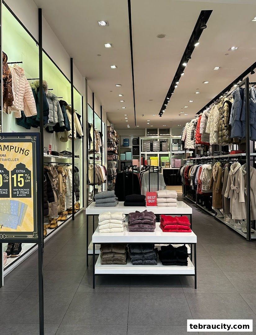 Interior view of a clothing store displaying winter jackets and folded sweaters on shelves.