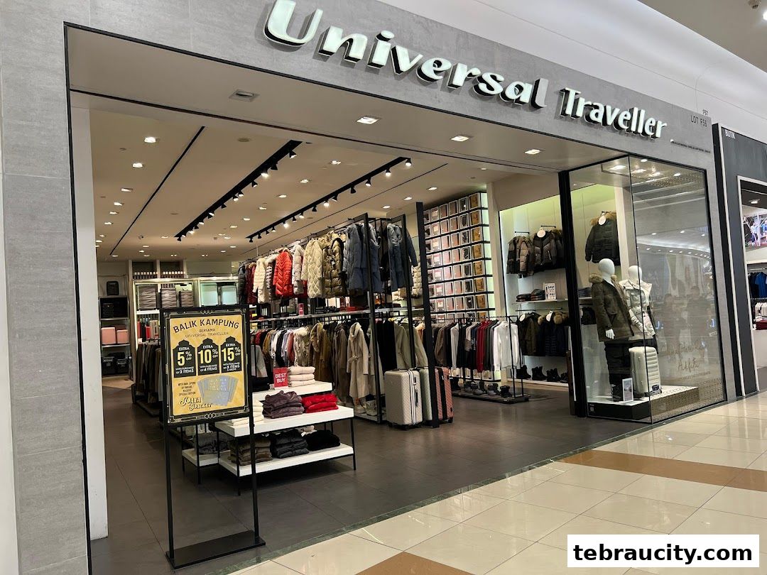 The entrance of Universal Traveller shop showcasing winter clothing and luggage.