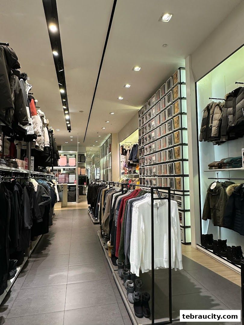Interior view of a clothing store displaying jackets, sweaters, and luggage.
