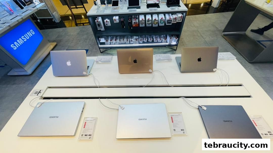 Display of various laptops, including Apple MacBooks and Huawei laptops, in a retail store.