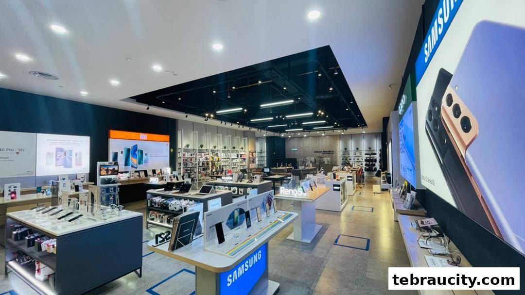 Interior view of a modern electronics store showcasing various smartphones and accessories.