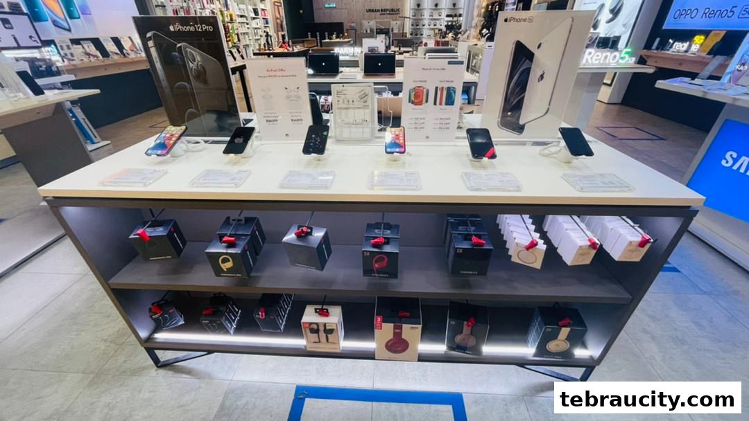 A display of smartphones and accessories in a modern electronics retail store.