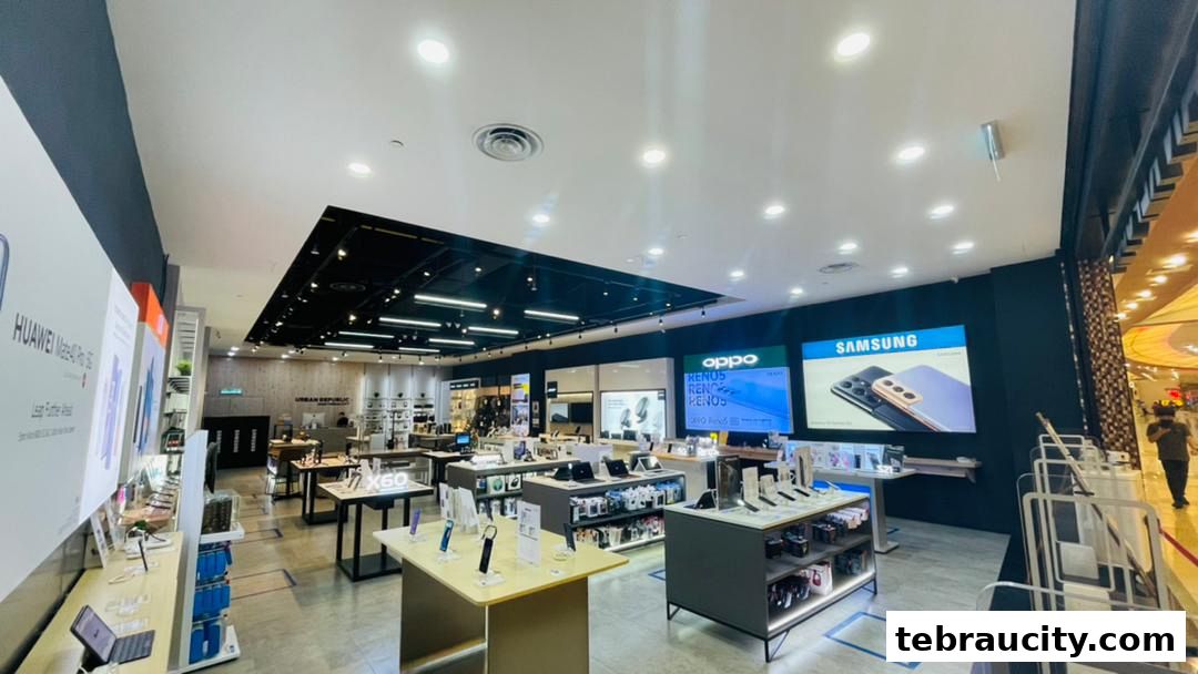 Interior view of a modern electronics store showcasing various mobile phones and accessories.