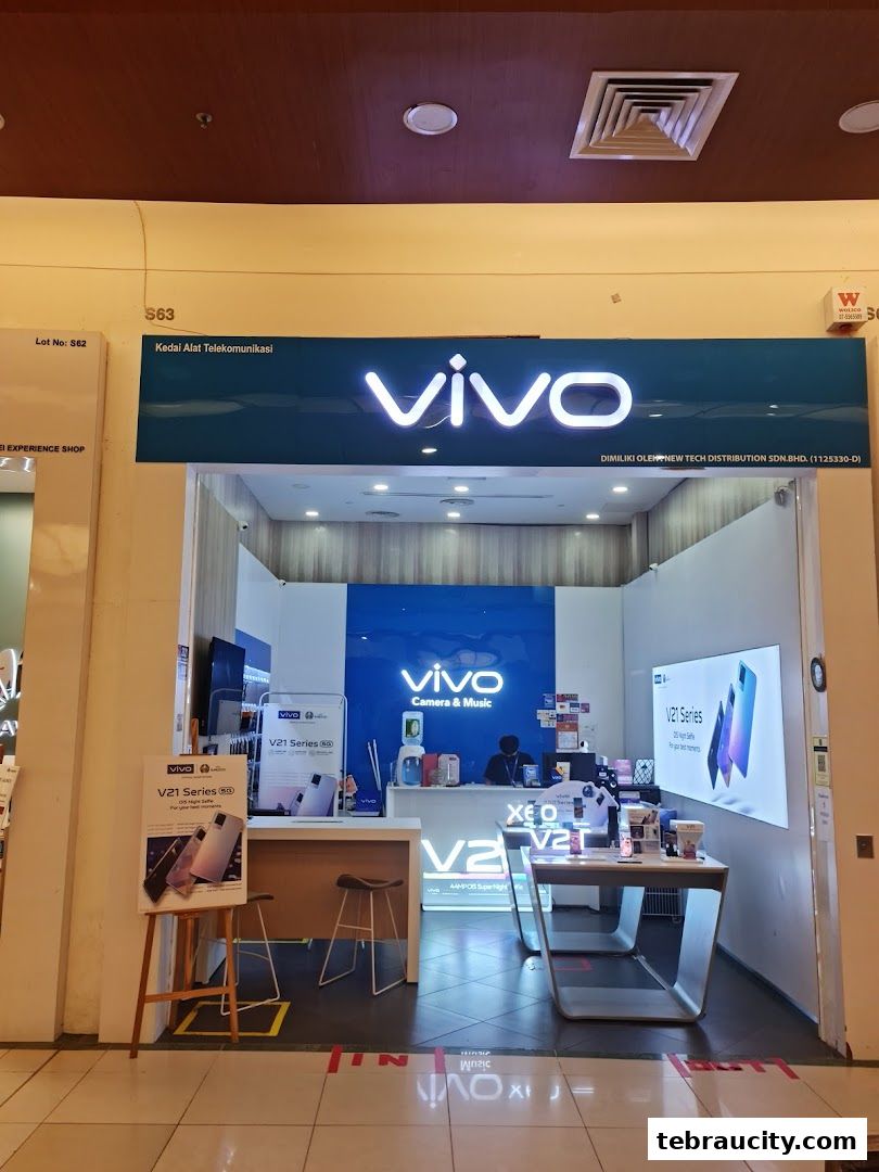 The Vivo Concept Store features a bright blue interior with displays of Vivo phones and branding.