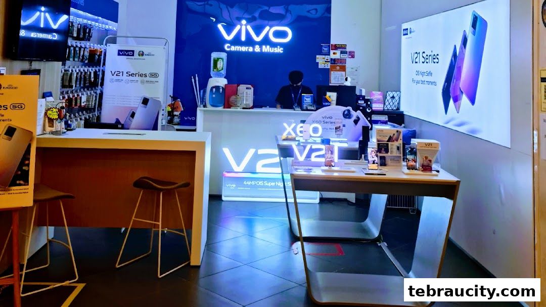 Interior of a Vivo concept store showcasing smartphones and accessories with bright lighting.