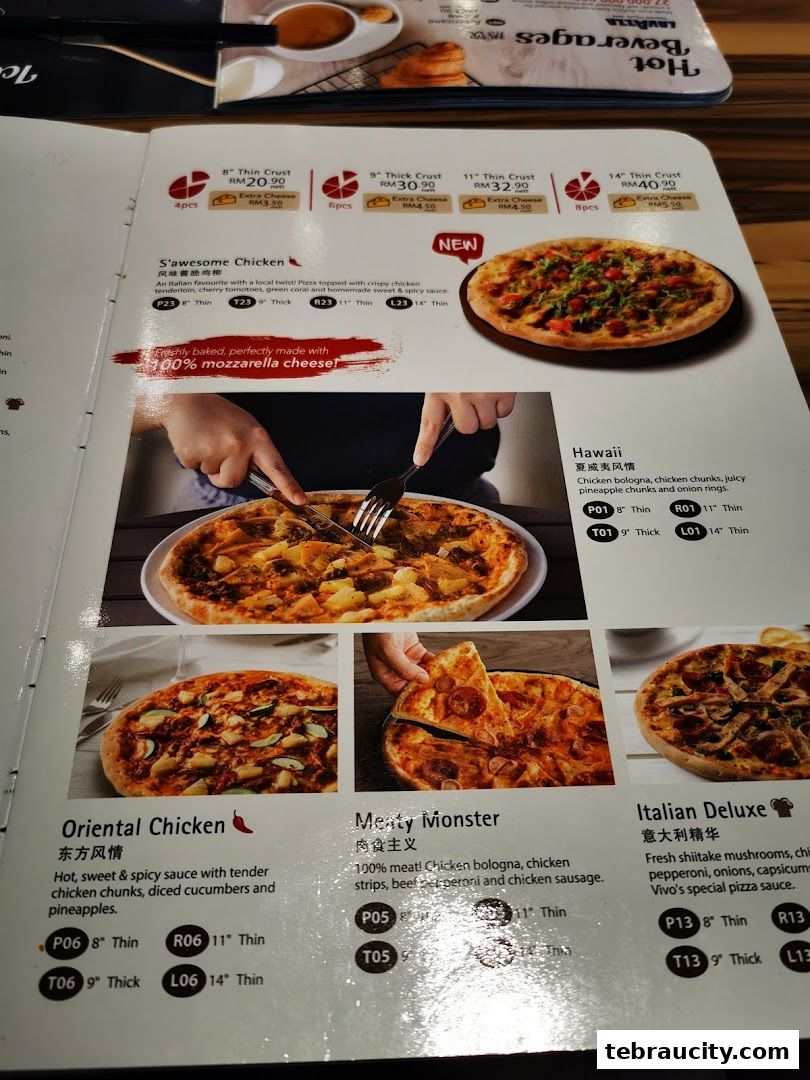 A menu page showcasing various pizzas with descriptions and prices.
