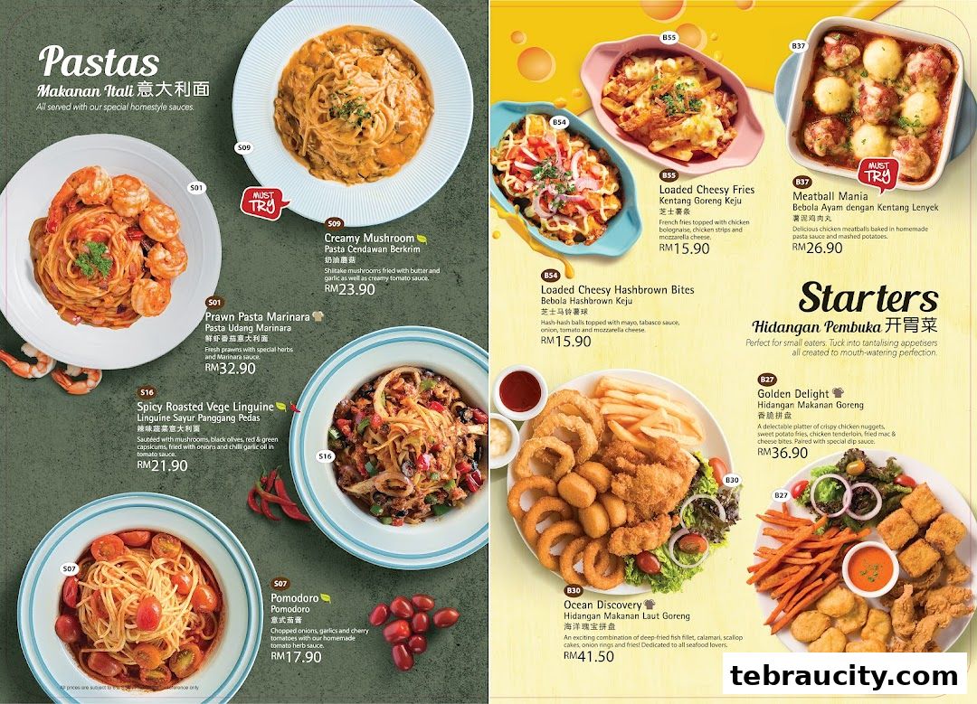 A menu showcasing various pasta dishes and starters with enticing descriptions and prices.