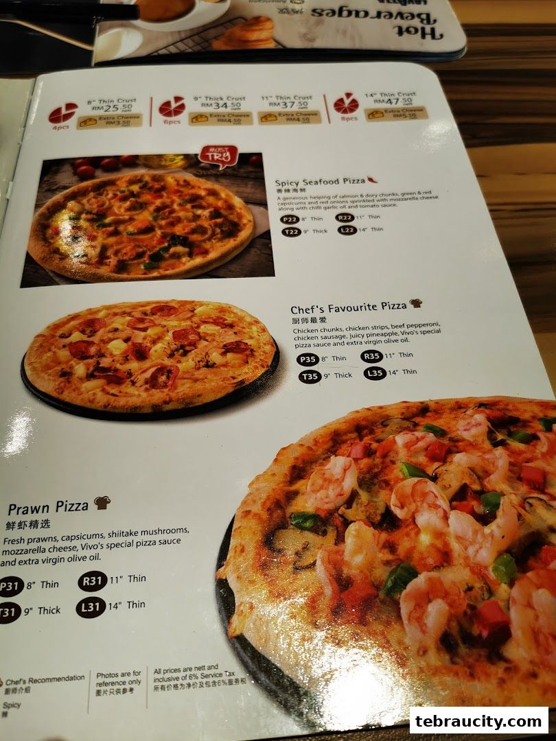 A menu page showcasing various pizzas with descriptions and prices.