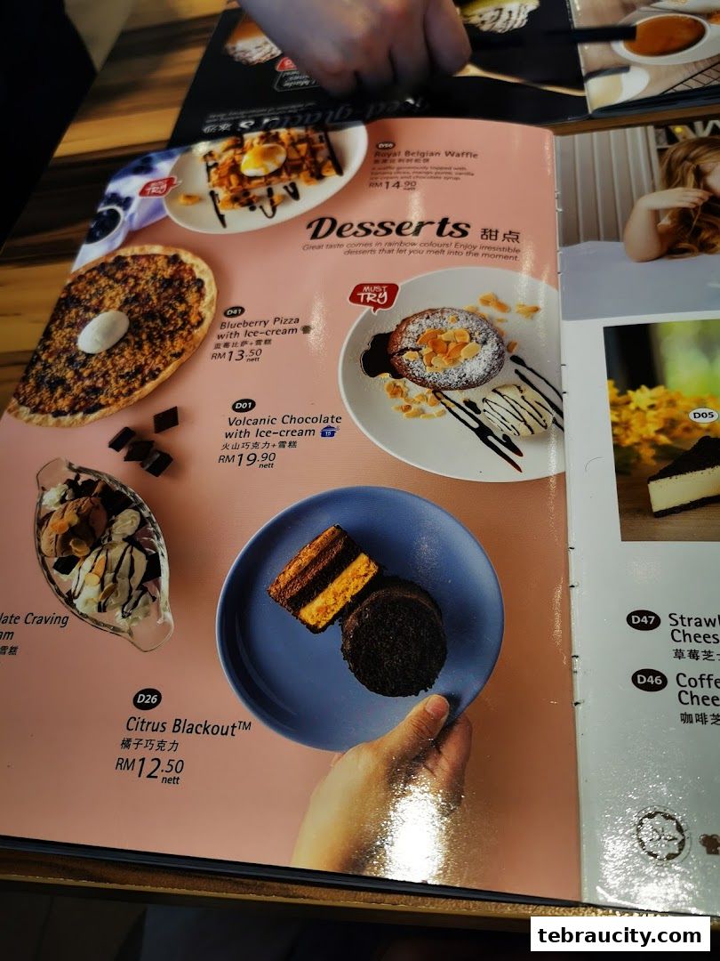 A menu page showcasing various desserts including pizza, chocolate lava cake, and waffles.