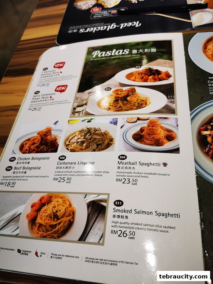 A menu page showcasing various pasta dishes with appetizing images and descriptions.