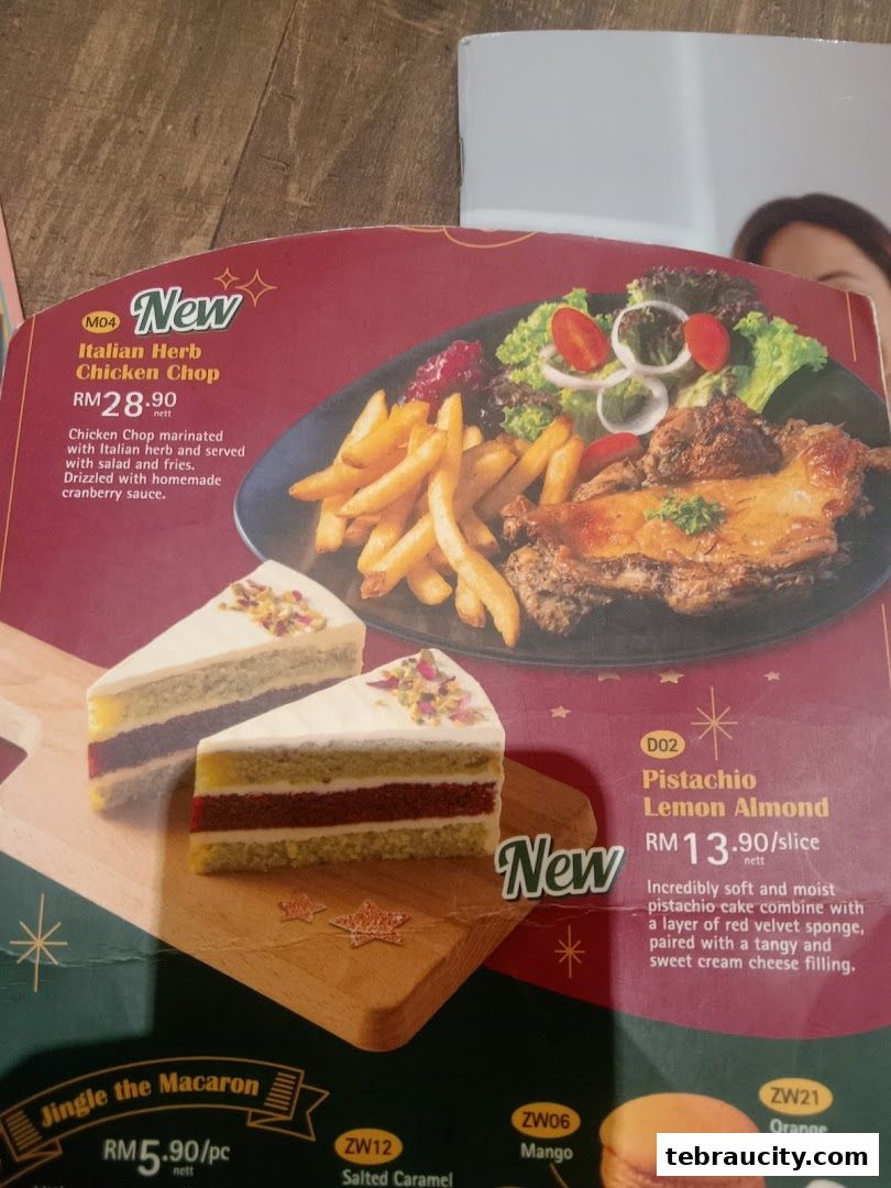 A menu featuring Italian Herb Chicken Chop and Pistachio Lemon Almond cake.