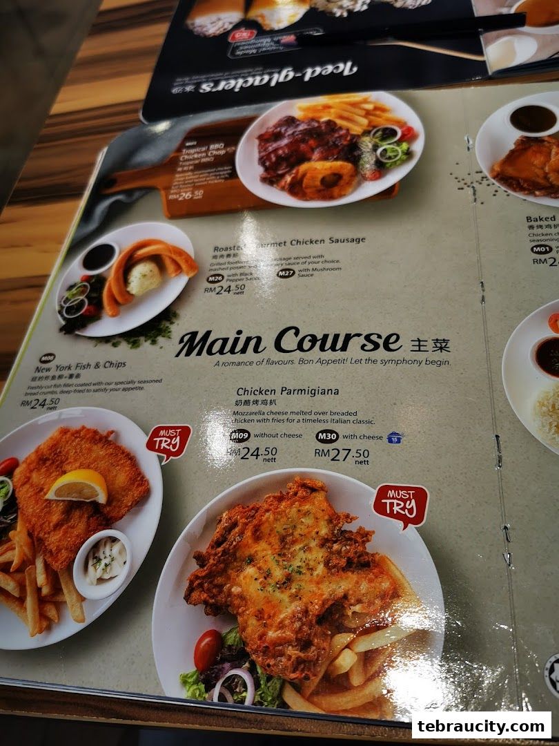 A menu from Vivo Pizza featuring main course dishes like Chicken Parmigiana and New York Fish & Chips.