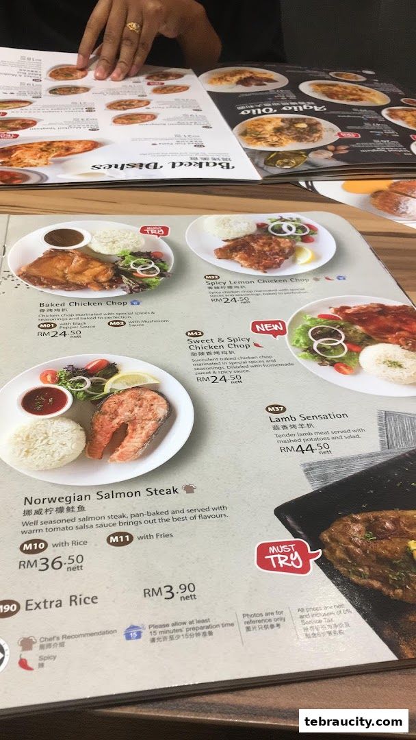 A close-up view of a restaurant menu showcasing various dishes with prices and descriptions.