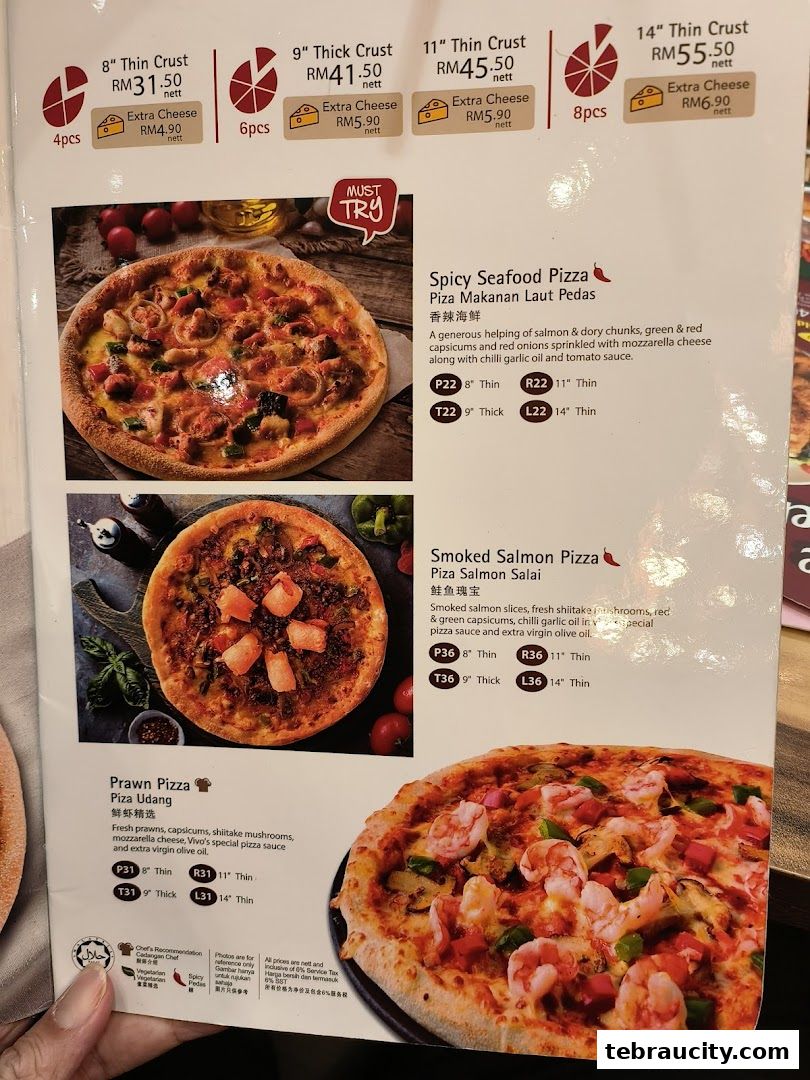 A menu showcasing various pizzas with descriptions and prices, including Spicy Seafood, Smoked Salmon, and Prawn Pizza.