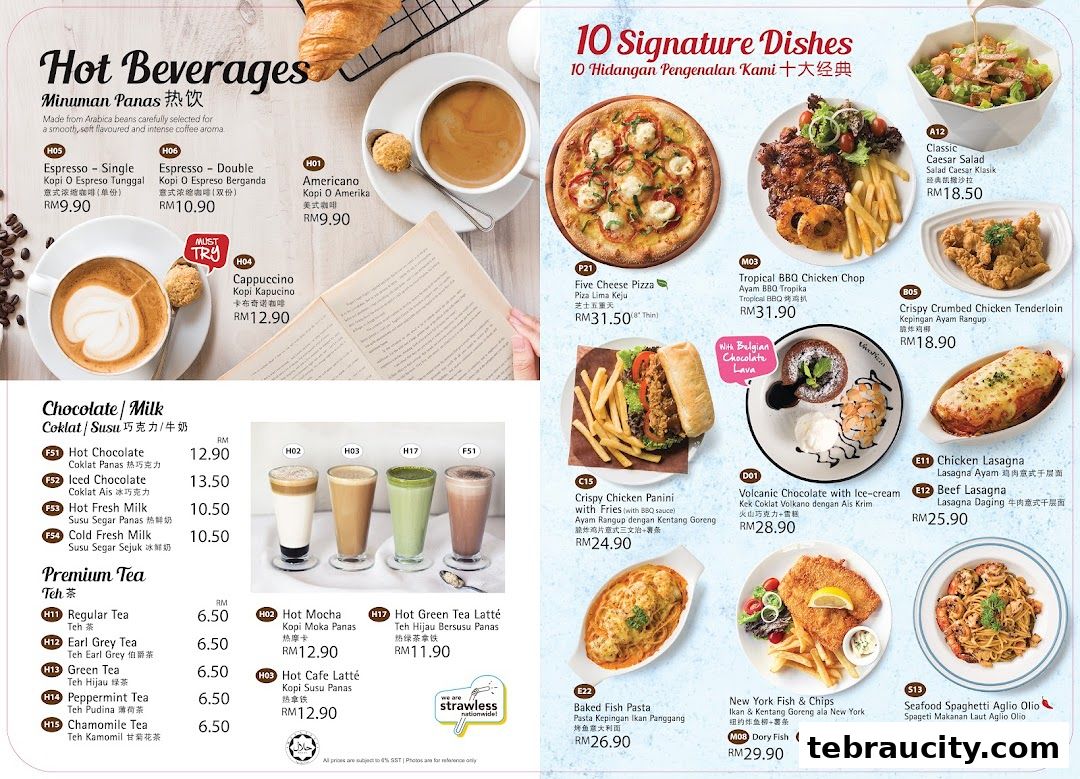 A menu showcasing hot beverages, premium teas, and signature dishes with enticing food photography.