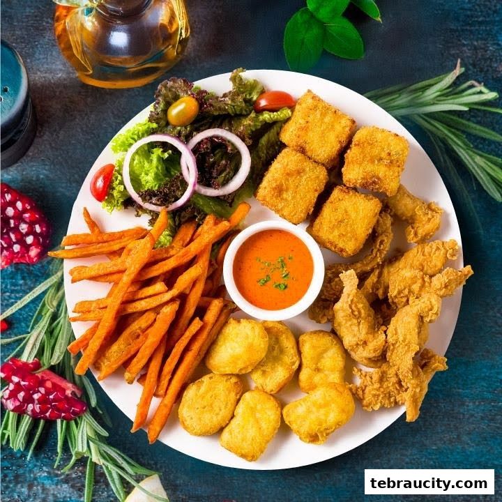 A plate of fried chicken, chicken nuggets, sweet potato fries, and salad with dipping sauce.