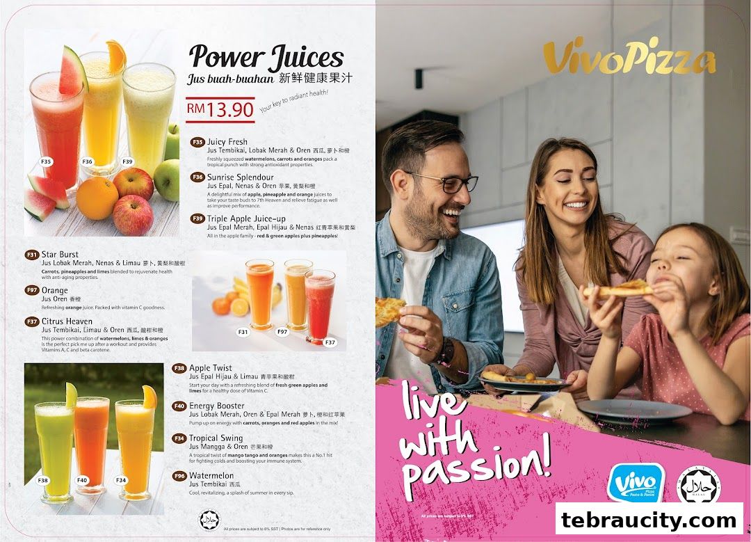A menu showcasing Vivo Pizza's Power Juices with vibrant images and descriptions.