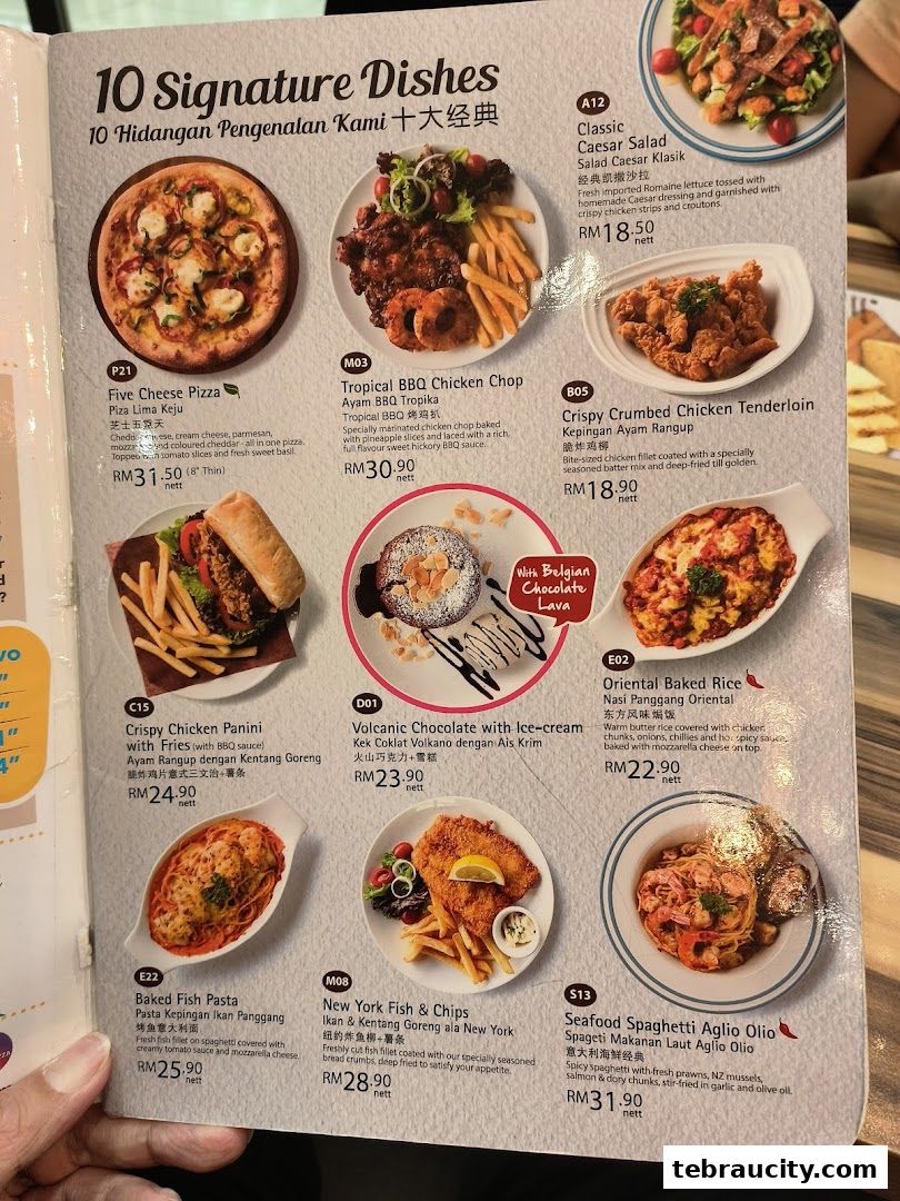 A menu page showcasing 10 signature dishes with enticing food photography and descriptions.