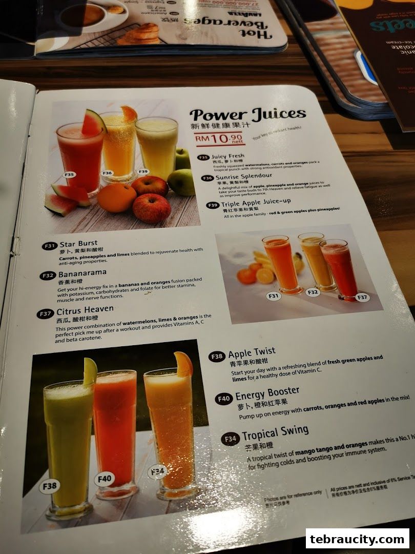 A menu page showcasing various 'Power Juices' with vibrant images and descriptions.