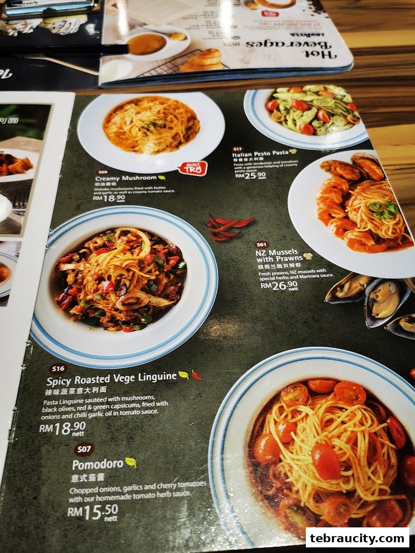 A close-up of a menu featuring various pasta dishes with appetizing descriptions and prices.