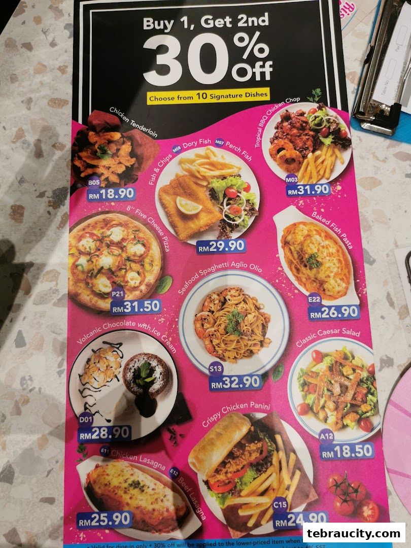 A menu from Vivo Pizza featuring a 'Buy 1, Get 2nd 30% Off' promotion with various dishes.