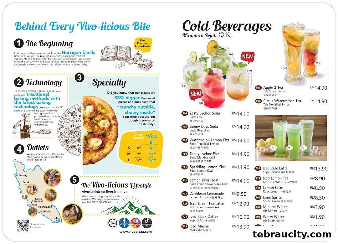 A menu showcasing Vivo Pizza's 'Behind Every Vivo-licious Bite' story and a selection of cold beverages.