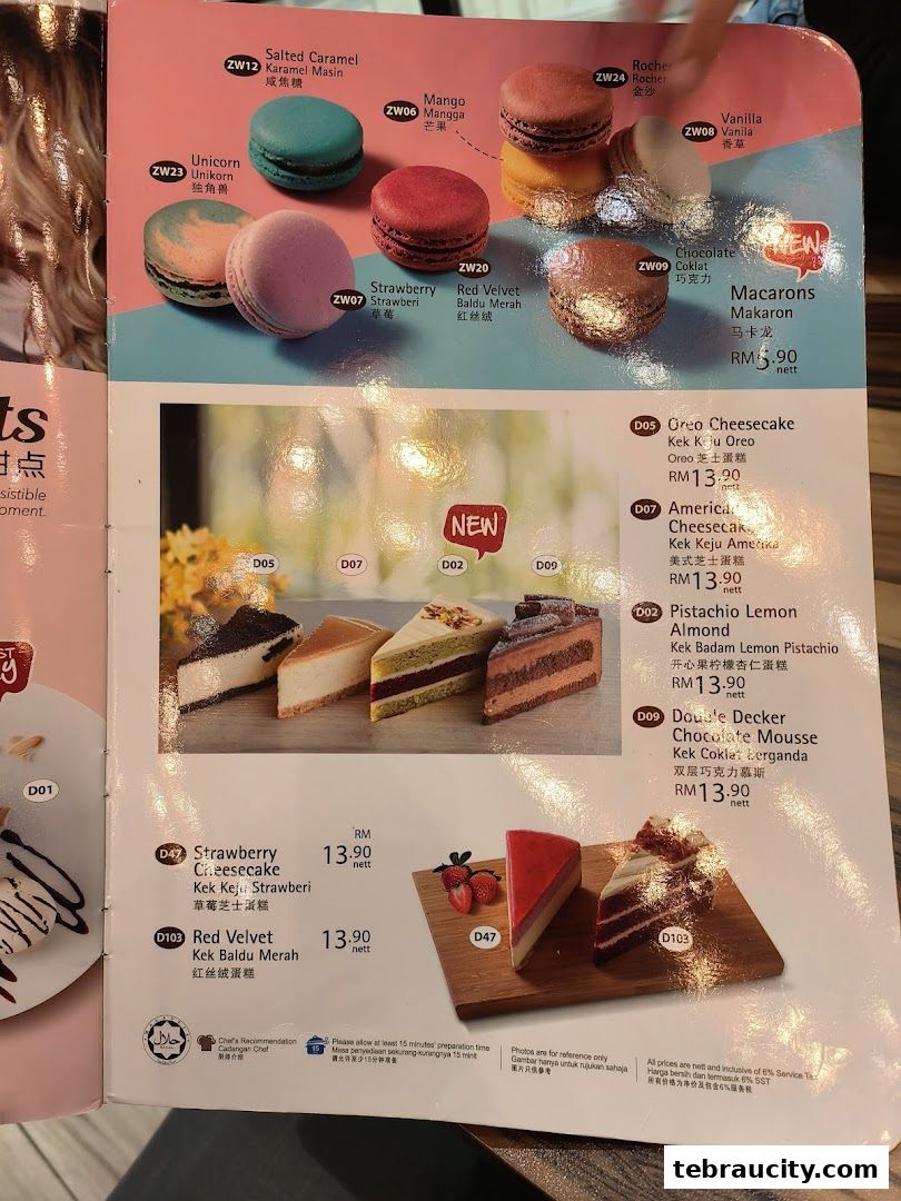 A menu page showcasing various cakes and macarons with prices and descriptions.