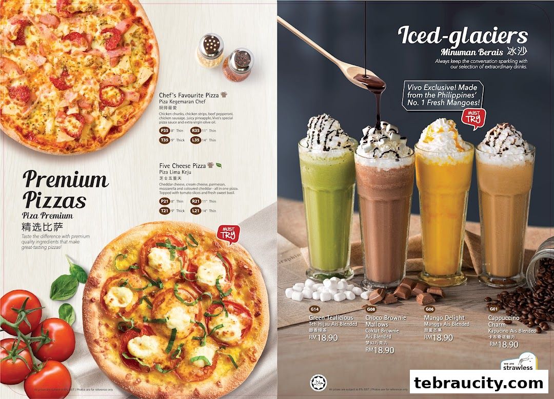 A menu showcasing premium pizzas and iced glacier drinks from Vivo Pizza.