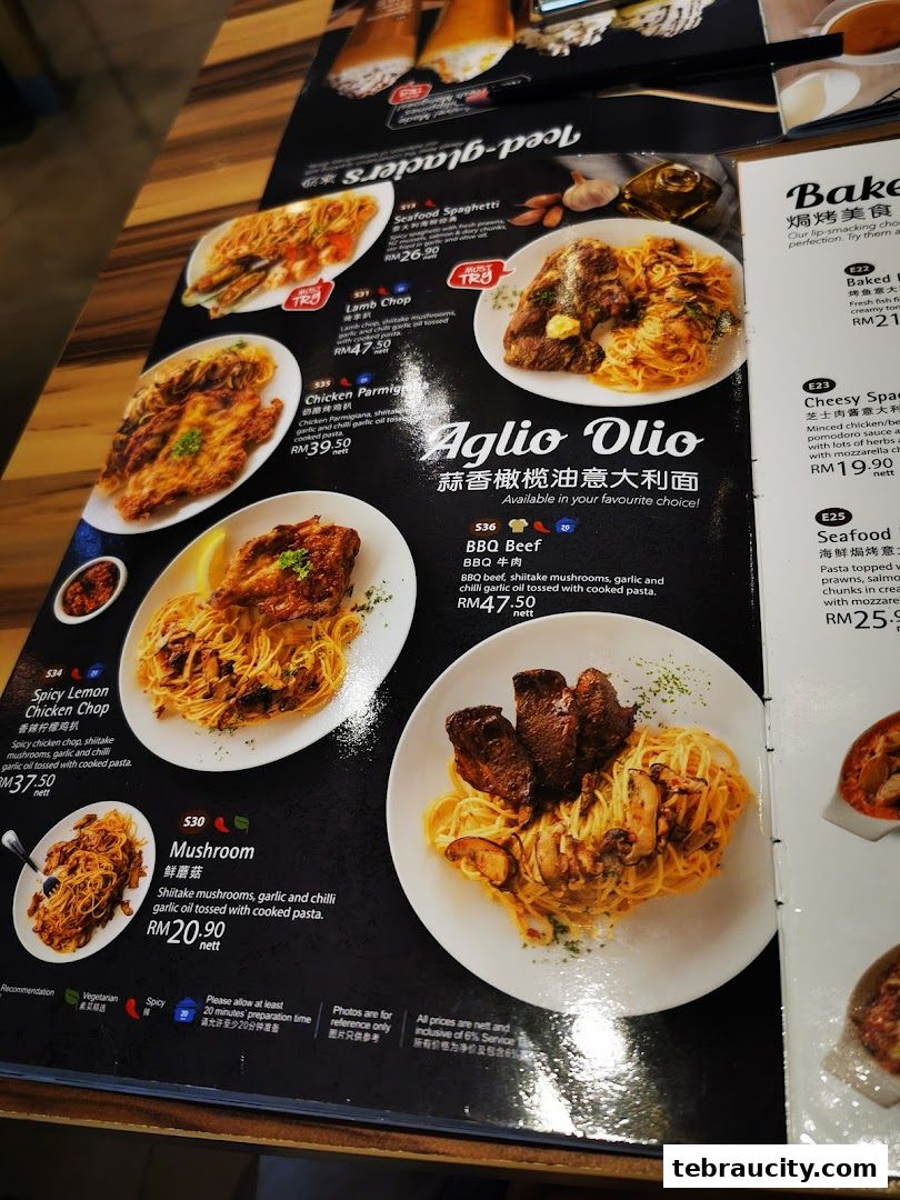 A menu featuring various pasta dishes with appetizing images and descriptions.