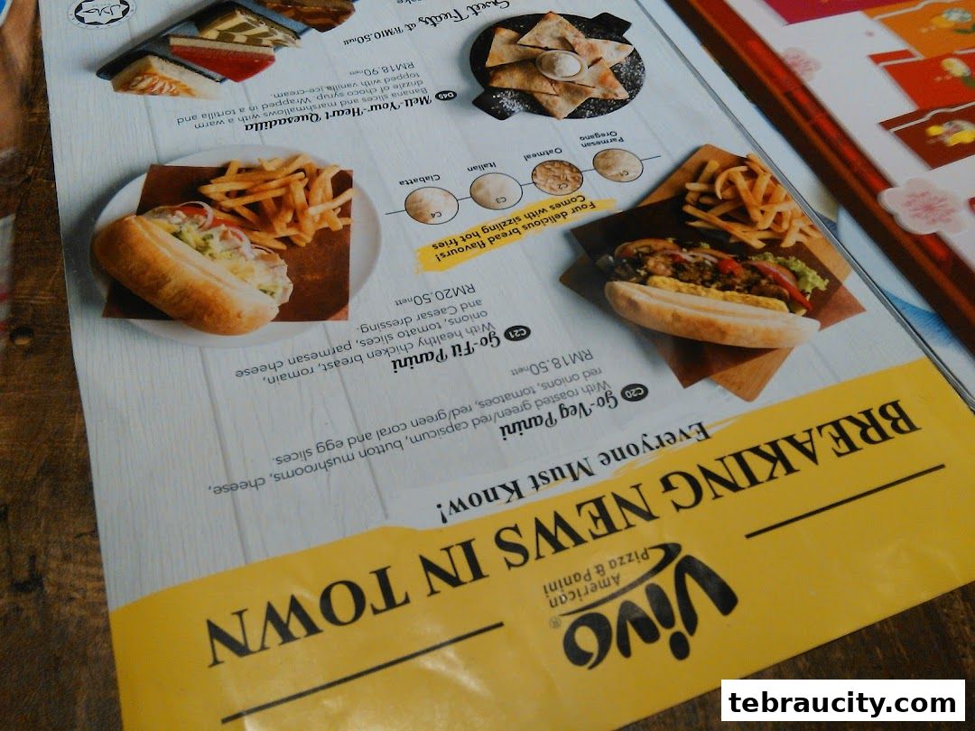 A menu from Vivo Pizza & Panini featuring various sandwiches and desserts.