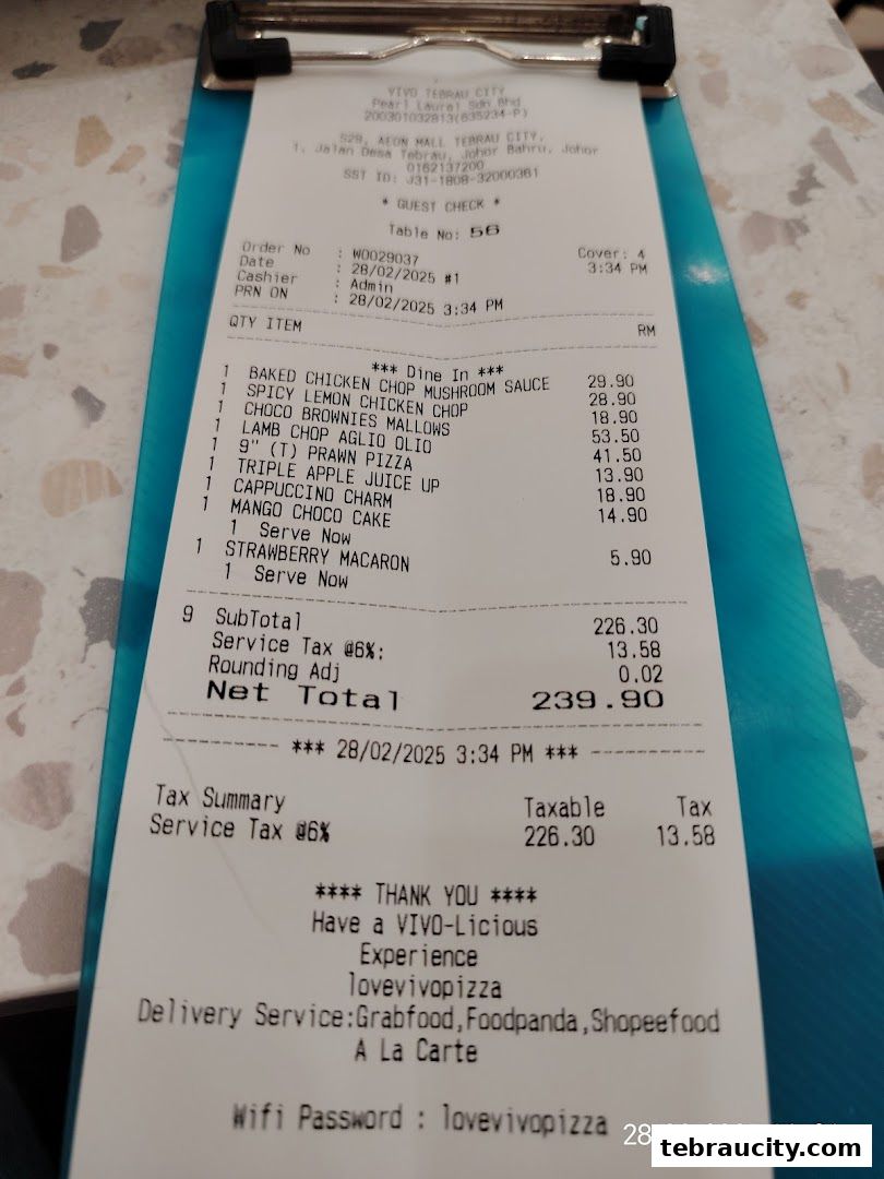 A receipt from Vivo Pizza showing a list of food items and their prices.