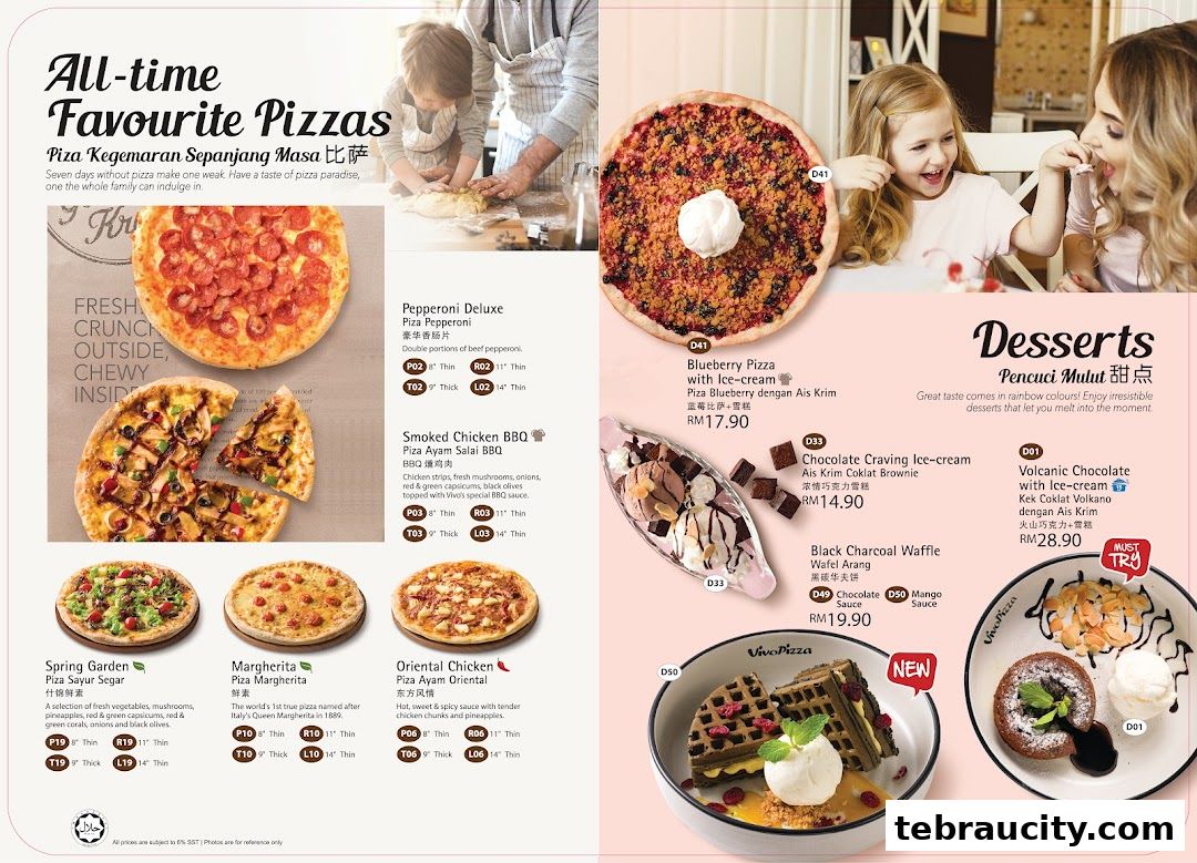 A menu showcasing pizzas and desserts with enticing descriptions and prices.
