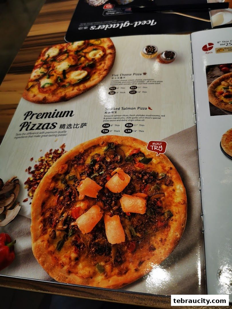A menu page showcasing premium pizzas with enticing descriptions and images.