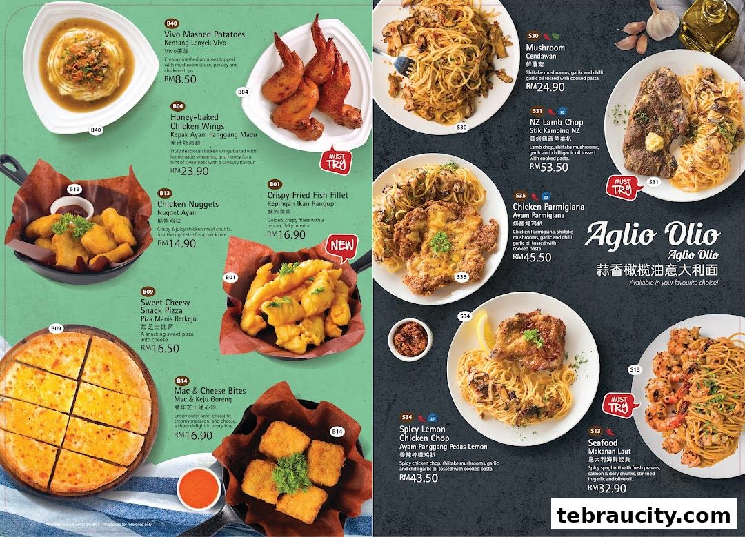 A menu showcasing various Italian-inspired dishes with vibrant food photography.