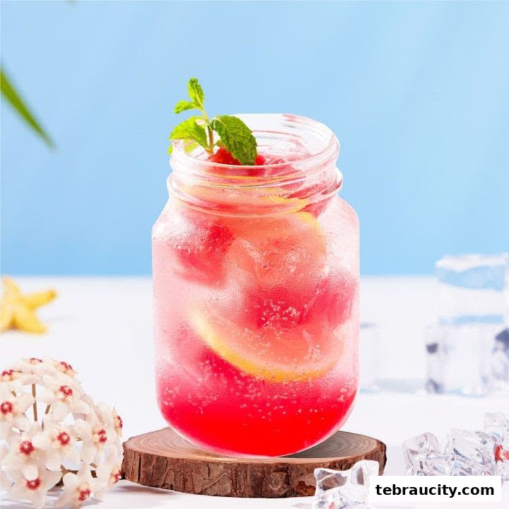 A refreshing pink beverage with lemon slices and mint in a glass jar.