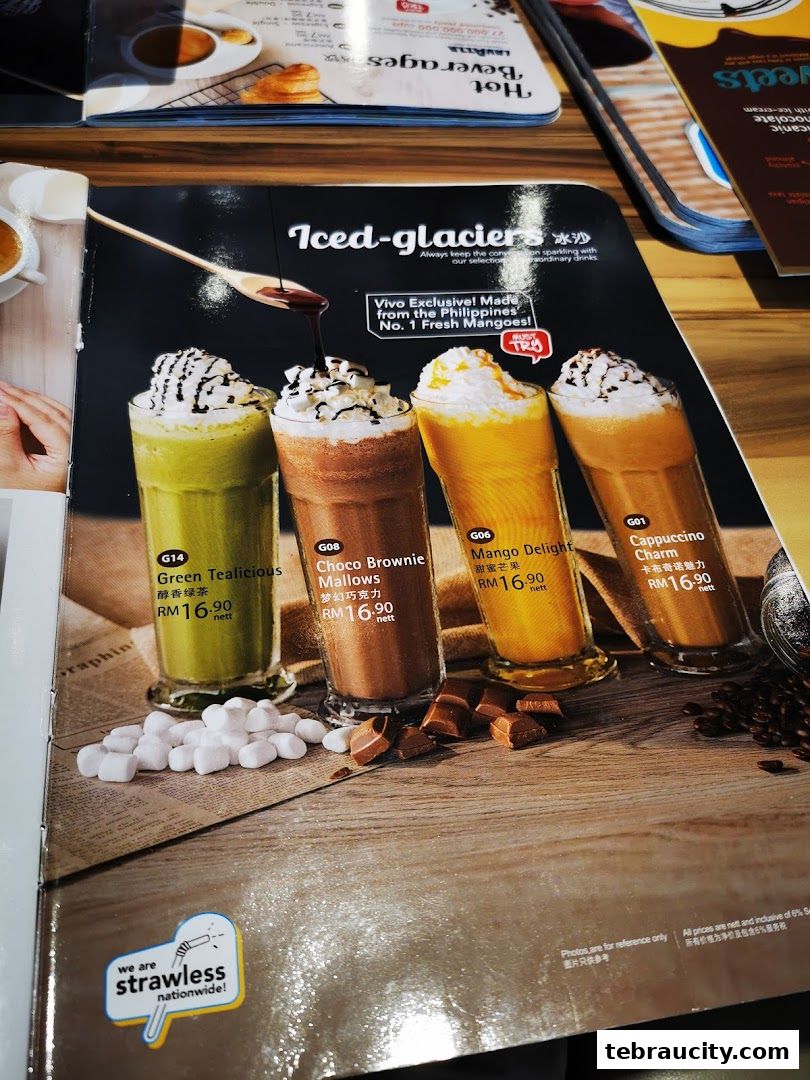A menu page showcasing four iced glacier drinks with toppings and prices.