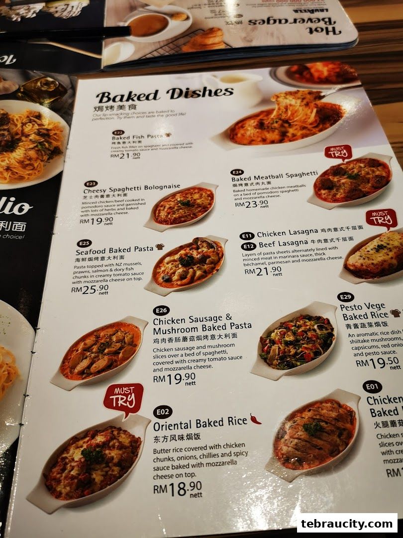 A menu page showcasing various baked pasta and rice dishes with appetizing images.