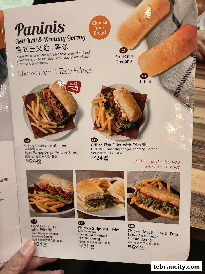A menu page showcasing various paninis with fries, including chicken and fish options.
