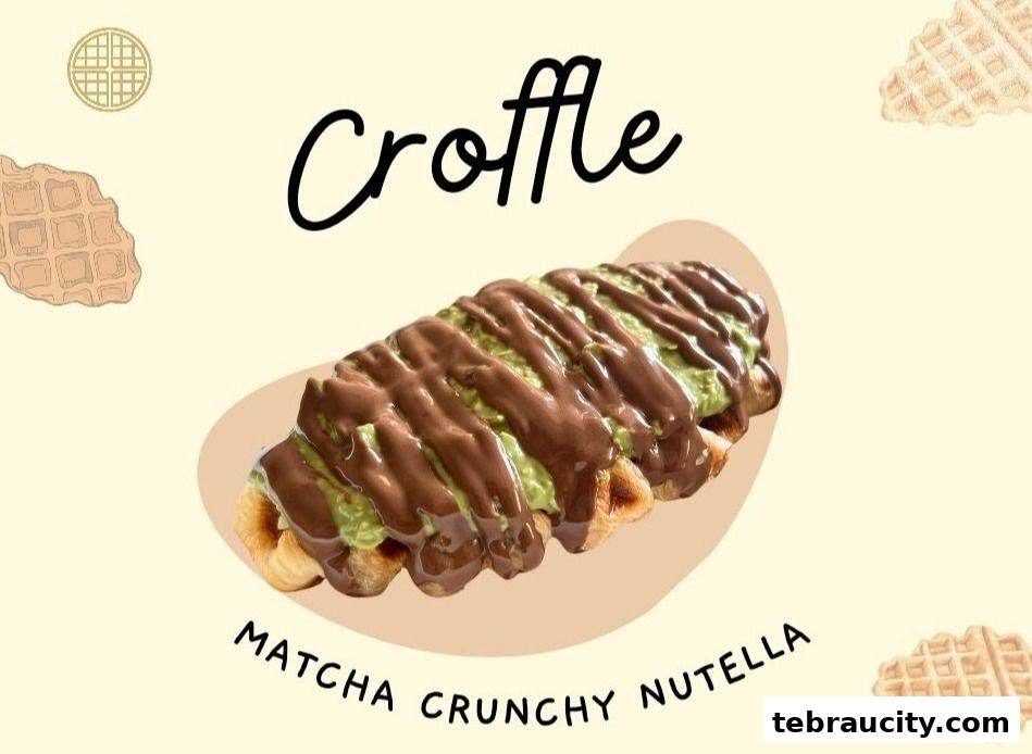 A delicious croffle topped with matcha and drizzled with chocolate.