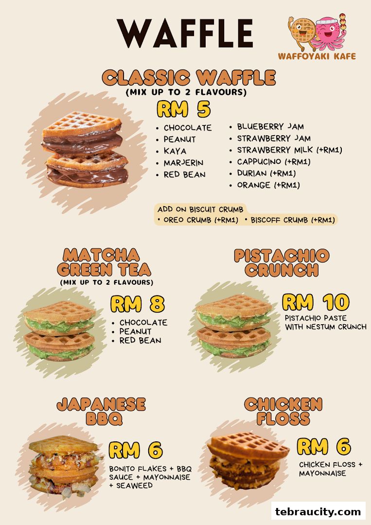 A menu showcasing various waffle flavors and their prices from Waffoyaki Kafe.
