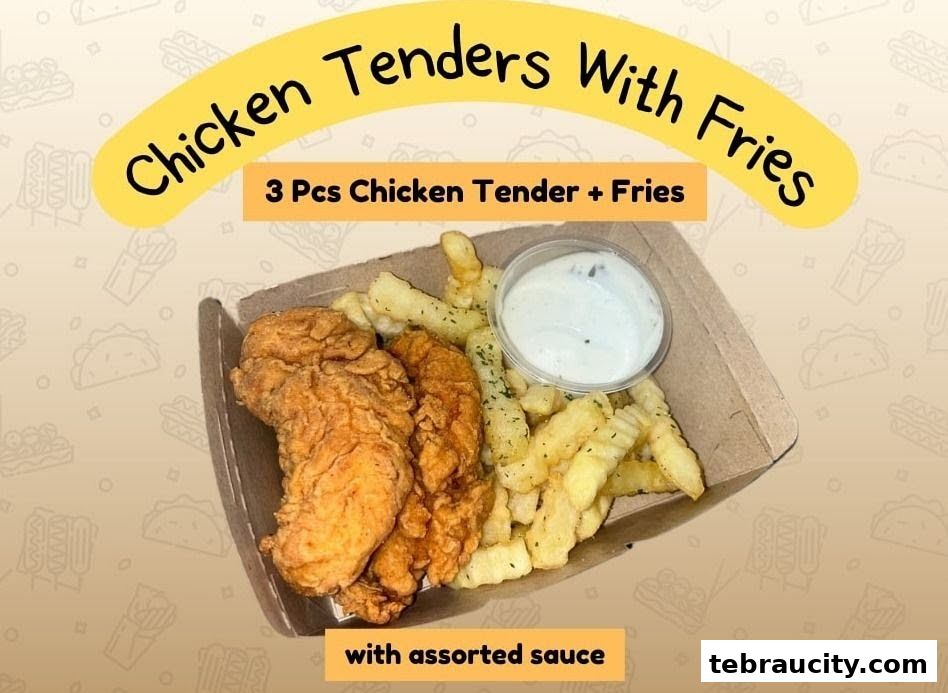 A serving of crispy chicken tenders with french fries and dipping sauce.