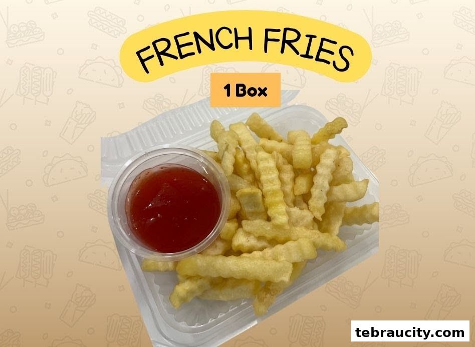 A box of crinkle-cut french fries with a side of ketchup.